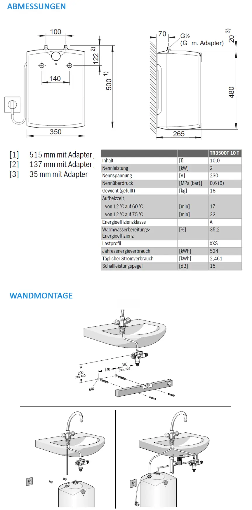 Kompakter, wandmontierbarer Warmwasserspeicher von Bosch mit technischen Informationen, Maßen und Installationhinweisen auf graphischen Darstellungen.